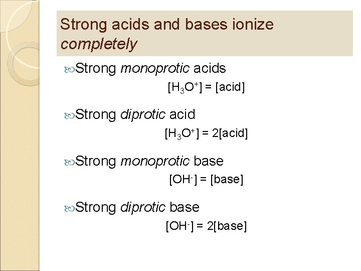 Strong acids and bases ionize completely Strong monoprotic acids [H 3 O+] = [acid]