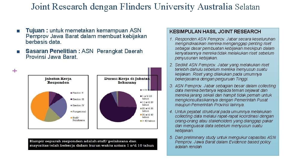 Joint Research dengan Flinders University Australia Selatan ■ Tujuan : untuk memetakan kemampuan ASN