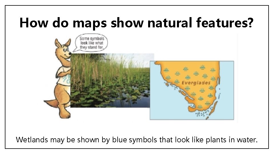How do maps show natural features? Wetlands may be shown by blue symbols that