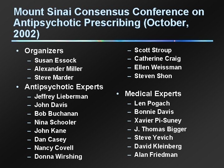 Mount Sinai Consensus Conference on Antipsychotic Prescribing (October, 2002) • Organizers – Susan Essock