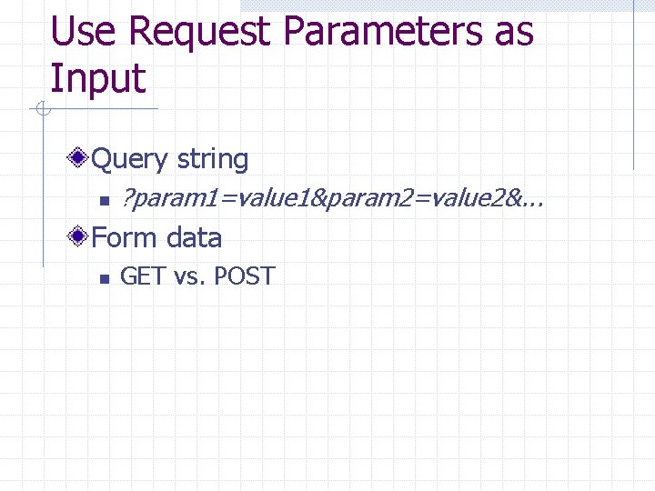 Use Request Parameters as Input Query string n ? param 1=value 1&param 2=value 2&.
