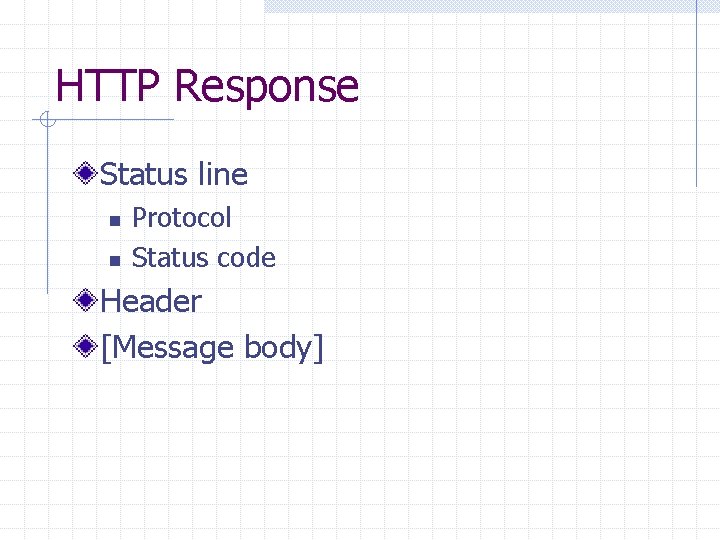 HTTP Response Status line n n Protocol Status code Header [Message body] 