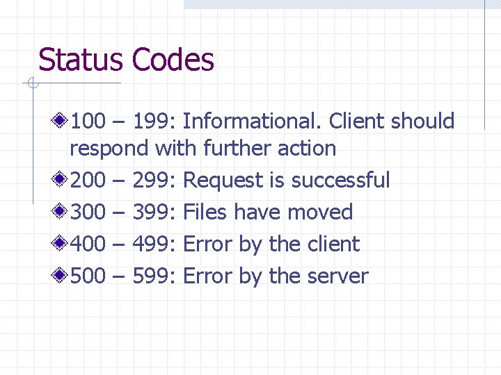 Status Codes 100 – 199: Informational. Client should respond with further action 200 –