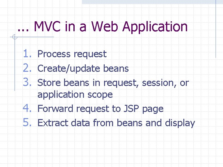 . . . MVC in a Web Application 1. Process request 2. Create/update beans