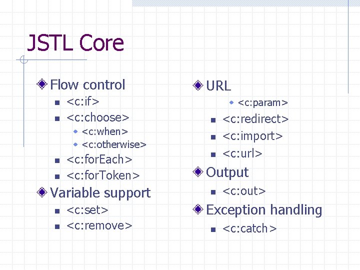 JSTL Core Flow control n n <c: if> <c: choose> w <c: when> w