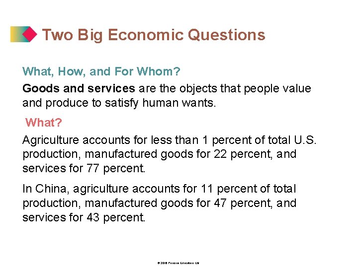 Two Big Economic Questions What, How, and For Whom? Goods and services are the