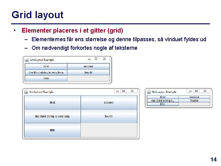 Grid layout • Elementer placeres i et gitter (grid) – Elementernes får ens størrelse