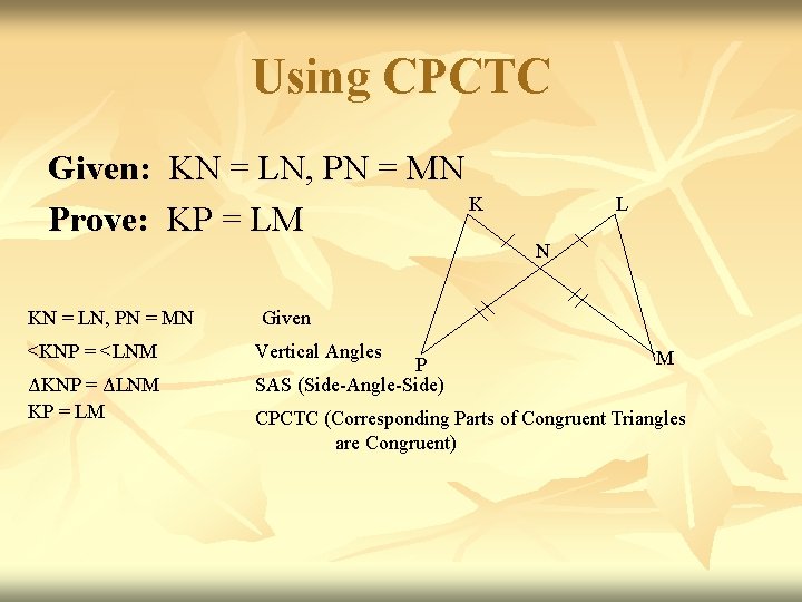 Using CPCTC Given: KN = LN, PN = MN K Prove: KP = LM Using CPCTC Given: KN = LN, PN = MN K Prove: KP = LM
