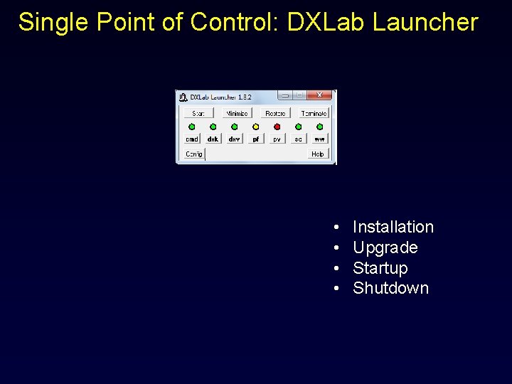 Single Point of Control: DXLab Launcher • • Installation Upgrade Startup Shutdown 