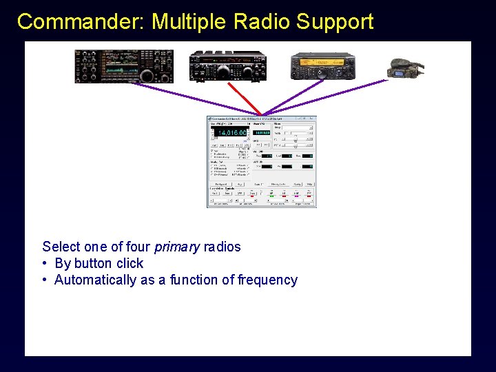 Commander: Multiple Radio Support Select one of four primary radios • By button click