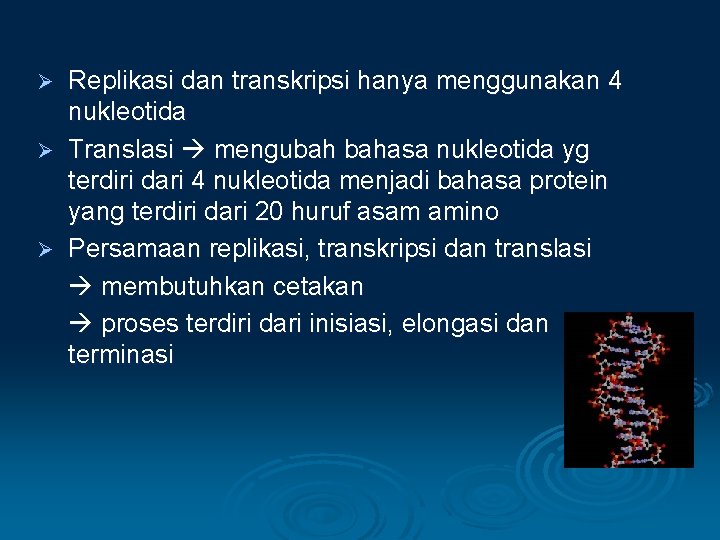 Replikasi dan transkripsi hanya menggunakan 4 nukleotida Ø Translasi mengubah bahasa nukleotida yg terdiri