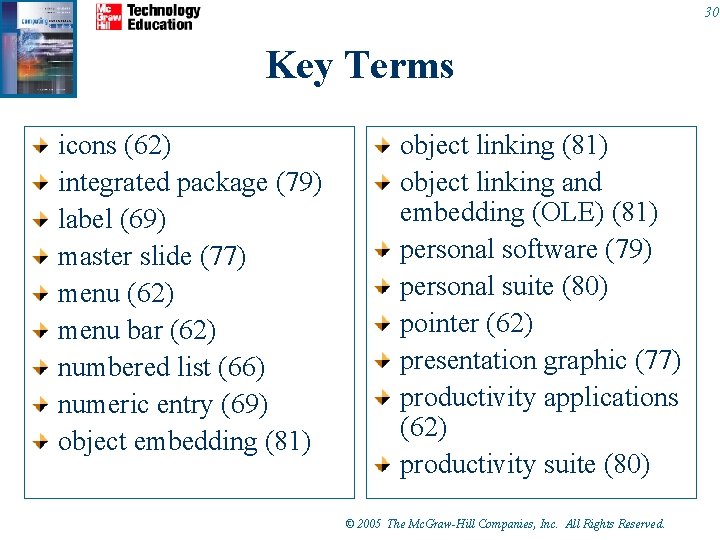30 Key Terms icons (62) integrated package (79) label (69) master slide (77) menu 30 Key Terms icons (62) integrated package (79) label (69) master slide (77) menu
