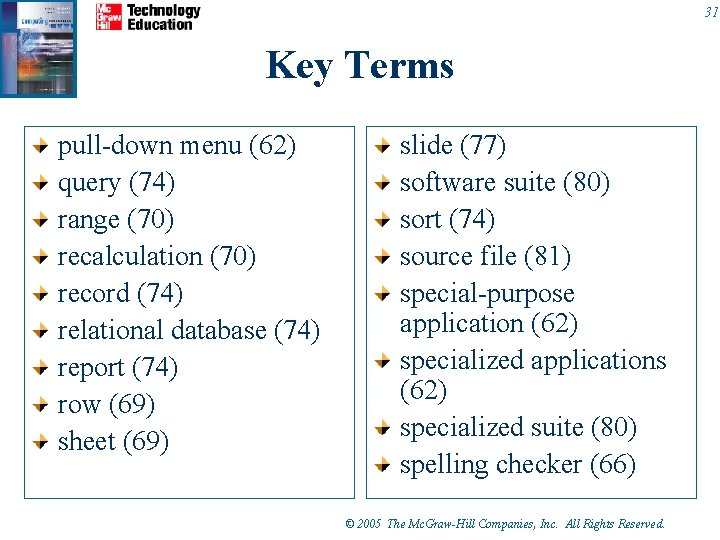 31 Key Terms pull-down menu (62) query (74) range (70) recalculation (70) record (74) 31 Key Terms pull-down menu (62) query (74) range (70) recalculation (70) record (74)