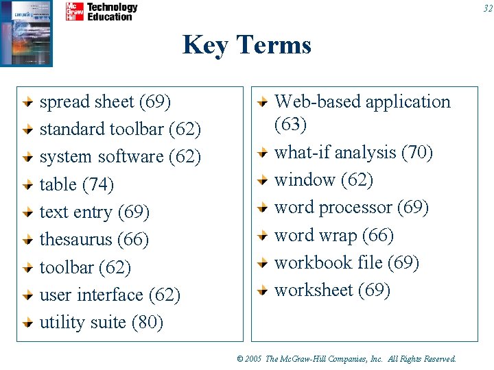 32 Key Terms spread sheet (69) standard toolbar (62) system software (62) table (74) 32 Key Terms spread sheet (69) standard toolbar (62) system software (62) table (74)