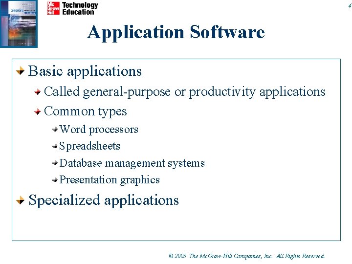 4 Application Software Basic applications Called general-purpose or productivity applications Common types Word processors 4 Application Software Basic applications Called general-purpose or productivity applications Common types Word processors