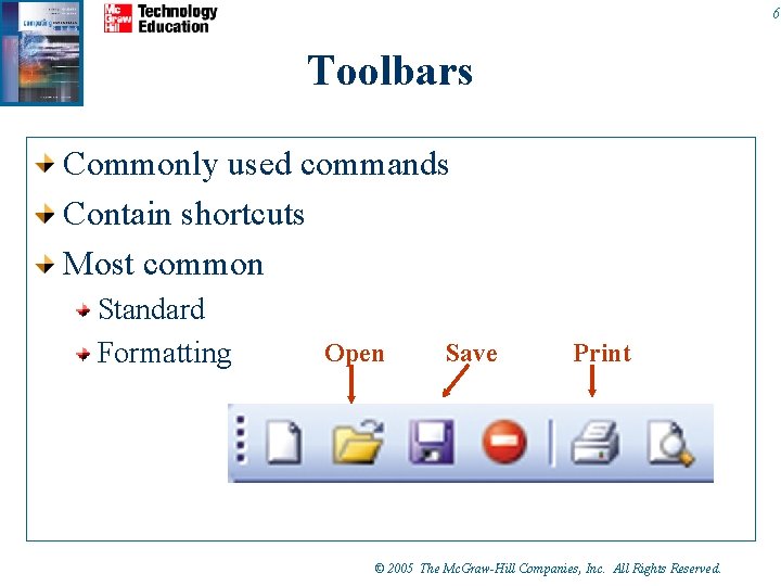6 Toolbars Commonly used commands Contain shortcuts Most common Standard Formatting Open Save Print 6 Toolbars Commonly used commands Contain shortcuts Most common Standard Formatting Open Save Print