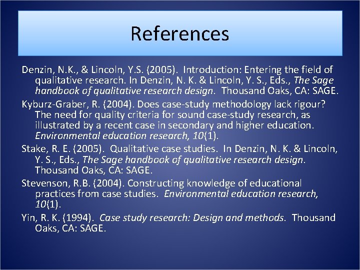 References Denzin, N. K. , & Lincoln, Y. S. (2005). Introduction: Entering the field