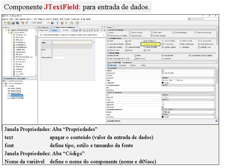 Componente JText. Field: para entrada de dados. Janela Propriedades: Aba “Propriedades” text apagar o