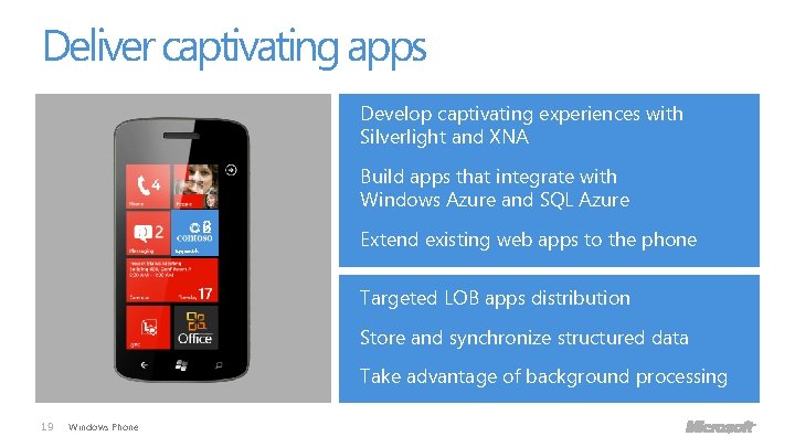 Deliver captivating apps Develop captivating experiences with Silverlight and XNA Build apps that integrate