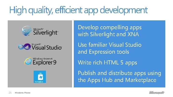 High quality, efficient app development Develop compelling apps with Silverlight and XNA Use familiar