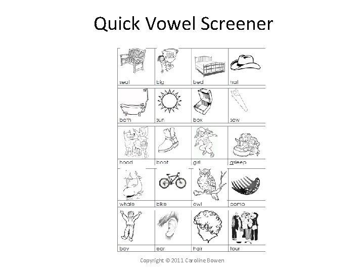 Quick Vowel Screener Copyright © 2011 Caroline Bowen 