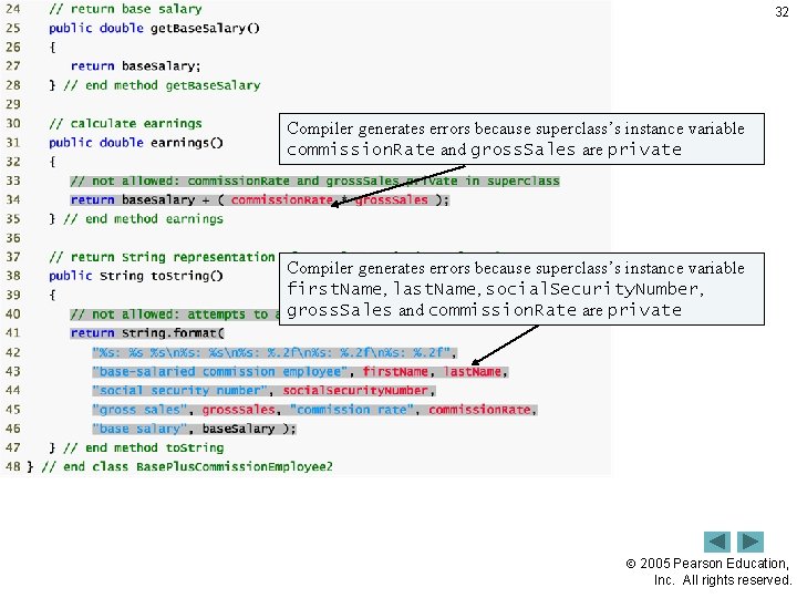 32 Compiler generates errors because superclass’s instance variable commission. Rate and gross. Sales are