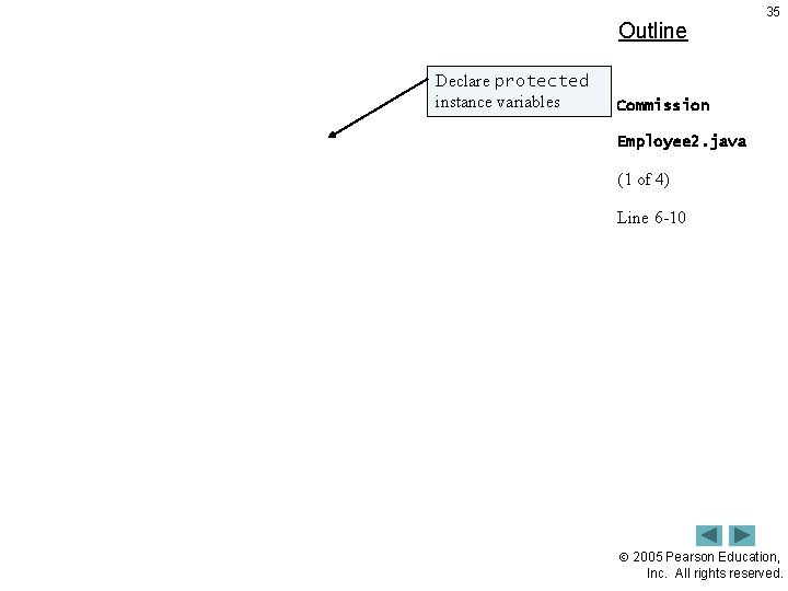 Outline Declare protected instance variables 35 Commission Employee 2. java (1 of 4) Line