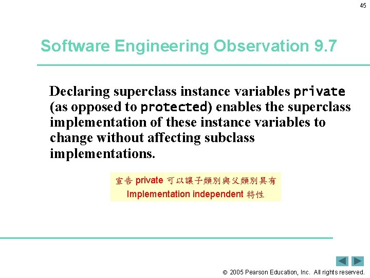 45 Software Engineering Observation 9. 7 Declaring superclass instance variables private (as opposed to