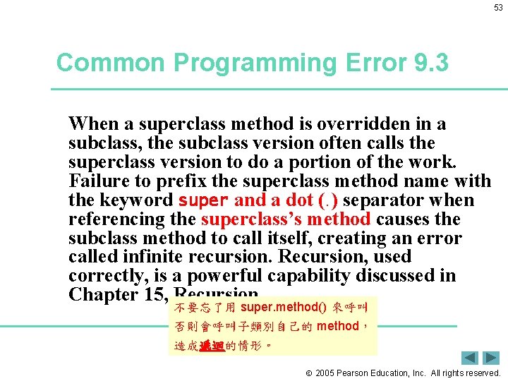 53 Common Programming Error 9. 3 When a superclass method is overridden in a