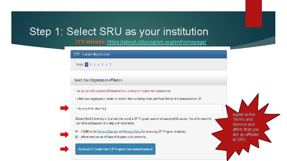 Step 1: Select SRU as your institution CITI Website: https: //about. citiprogram. org/en/homepage/ Agree