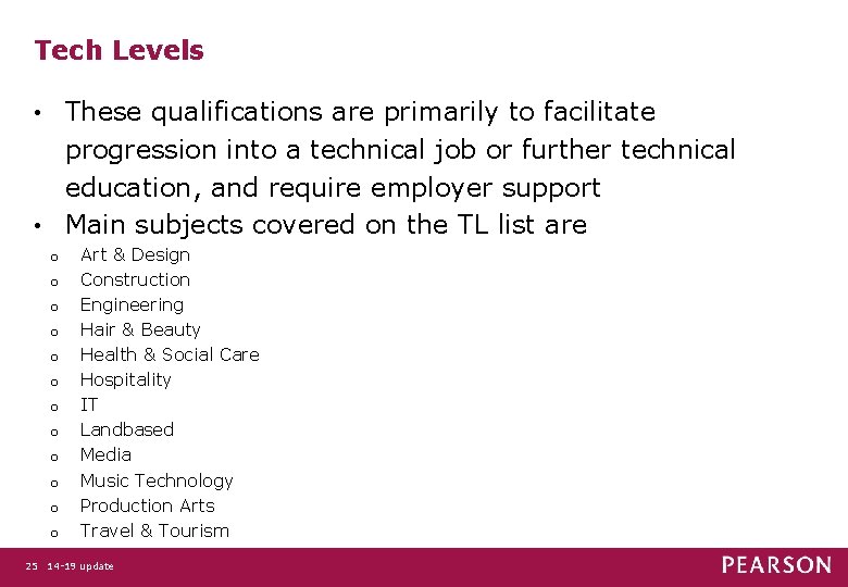 Tech Levels These qualifications are primarily to facilitate progression into a technical job or