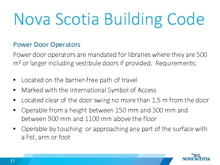 Nova Scotia Building Code Power Door Operators Power door operators are mandated for libraries