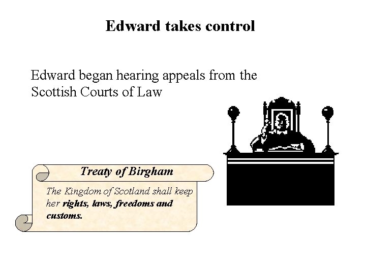 Edward takes control Edward began hearing appeals from the Scottish Courts of Law Treaty