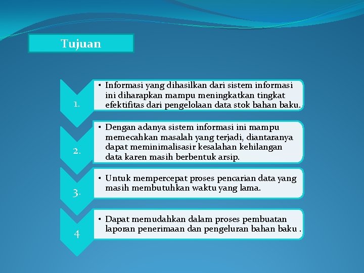 Tujuan 1. 2. 3. 4 • Informasi yang dihasilkan dari sistem informasi ini diharapkan