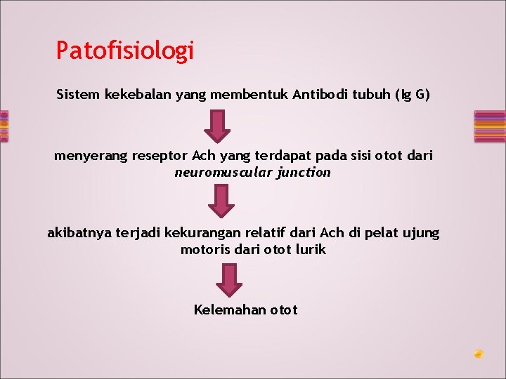 Patofisiologi Sistem kekebalan yang membentuk Antibodi tubuh (Ig G) menyerang reseptor Ach yang terdapat