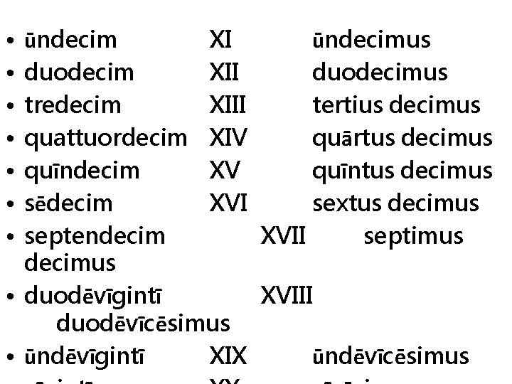  • • ūndecim XI ūndecimus duodecim XII duodecimus tredecim XIII tertius decimus quattuordecim