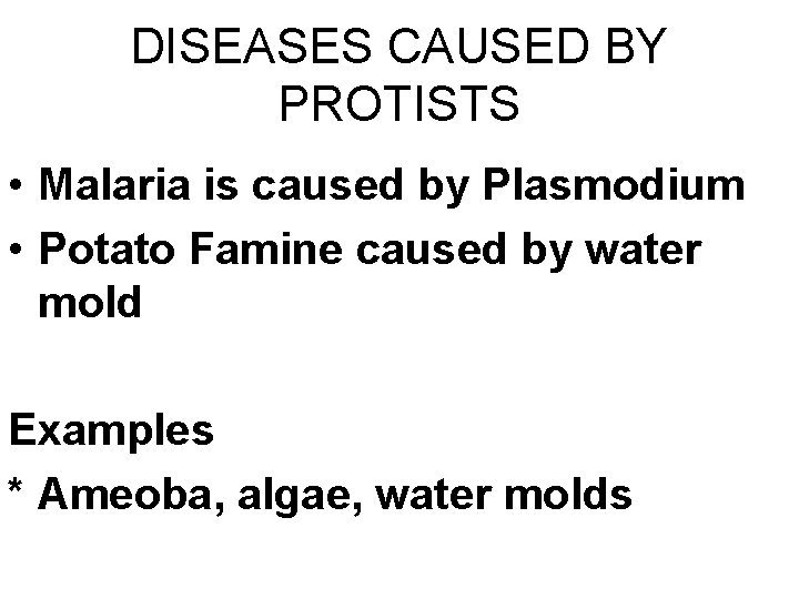 DISEASES CAUSED BY PROTISTS • Malaria is caused by Plasmodium • Potato Famine caused