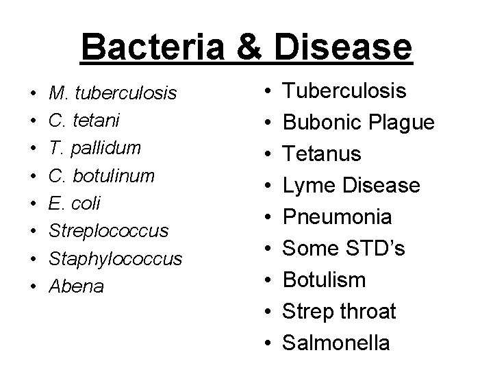 Bacteria & Disease • • M. tuberculosis C. tetani T. pallidum C. botulinum E.