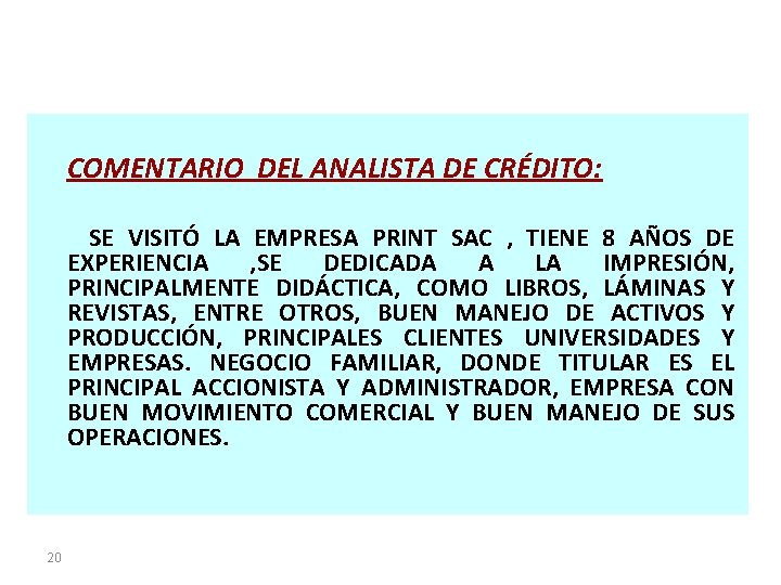 COMENTARIO DEL ANALISTA DE CRÉDITO: SE VISITÓ LA EMPRESA PRINT SAC , TIENE 8