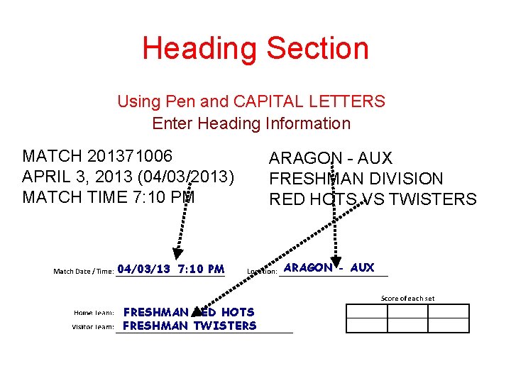 Heading Section Using Pen and CAPITAL LETTERS Enter Heading Information MATCH 201371006 APRIL 3,