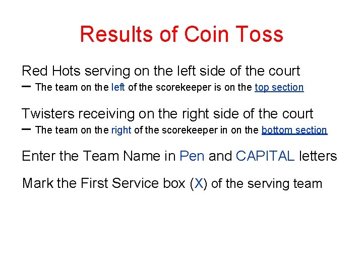 Results of Coin Toss Red Hots serving on the left side of the court