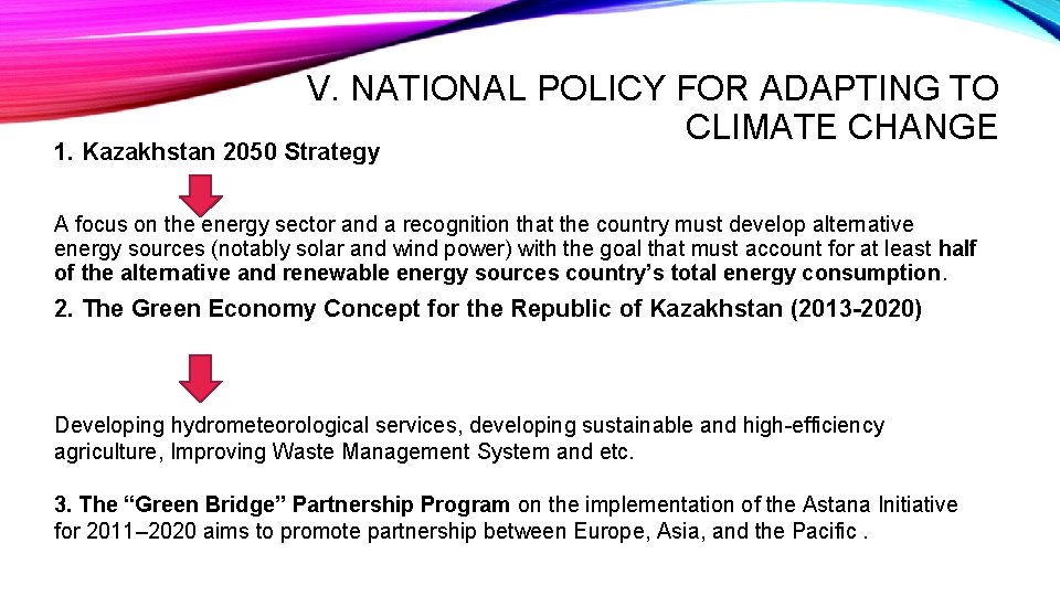 V. NATIONAL POLICY FOR ADAPTING TO CLIMATE CHANGE 1. Kazakhstan 2050 Strategy A focus