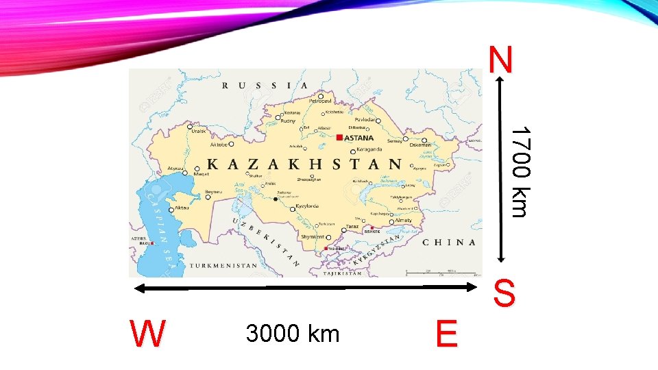 N 1700 km W 3000 km E S 