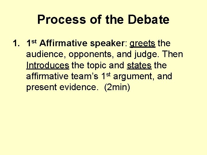 Process of the Debate 1. 1 st Affirmative speaker: greets the audience, opponents, and