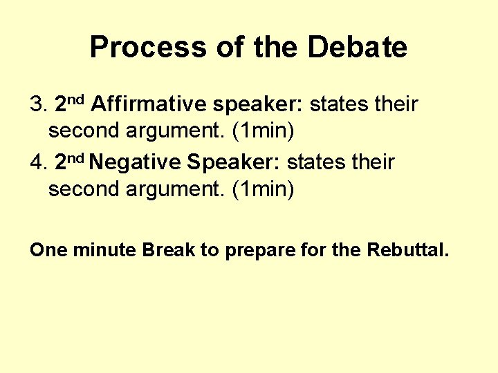 Process of the Debate 3. 2 nd Affirmative speaker: states their second argument. (1