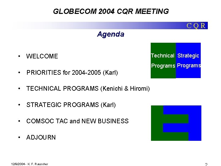 GLOBECOM 2004 CQR MEETING CQR Agenda • WELCOME Technical Strategic Programs • PRIORITIES for