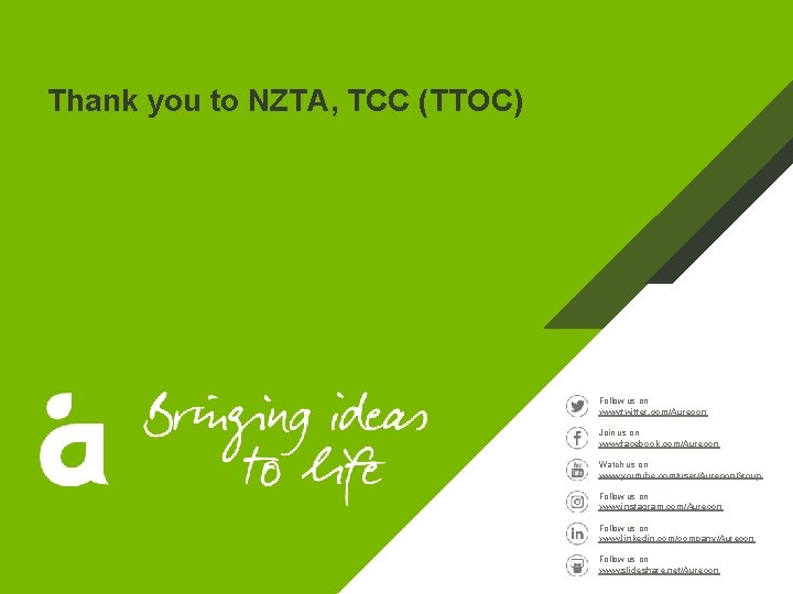 Thank you to NZTA, TCC (TTOC) Follow us on www. twitter. com/Aurecon Join us