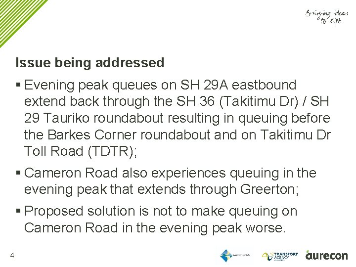 Issue being addressed § Evening peak queues on SH 29 A eastbound extend back