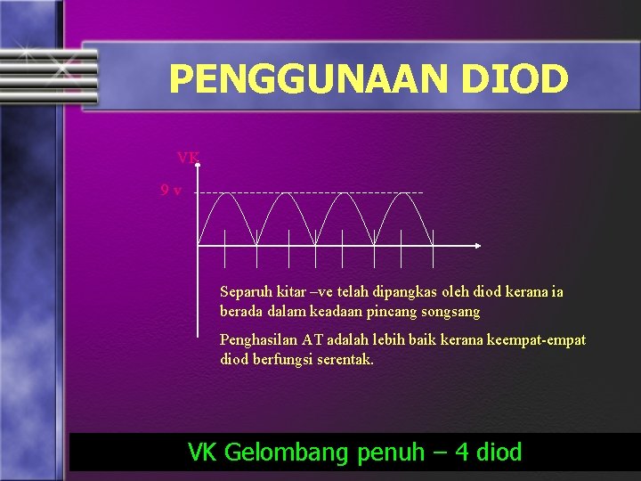 PENGGUNAAN DIOD VK 9 v Separuh kitar –ve telah dipangkas oleh diod kerana ia