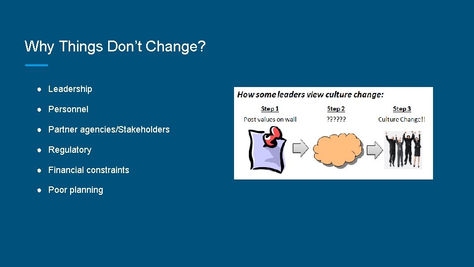 Why Things Don’t Change? ● Leadership ● Personnel ● Partner agencies/Stakeholders ● Regulatory ●